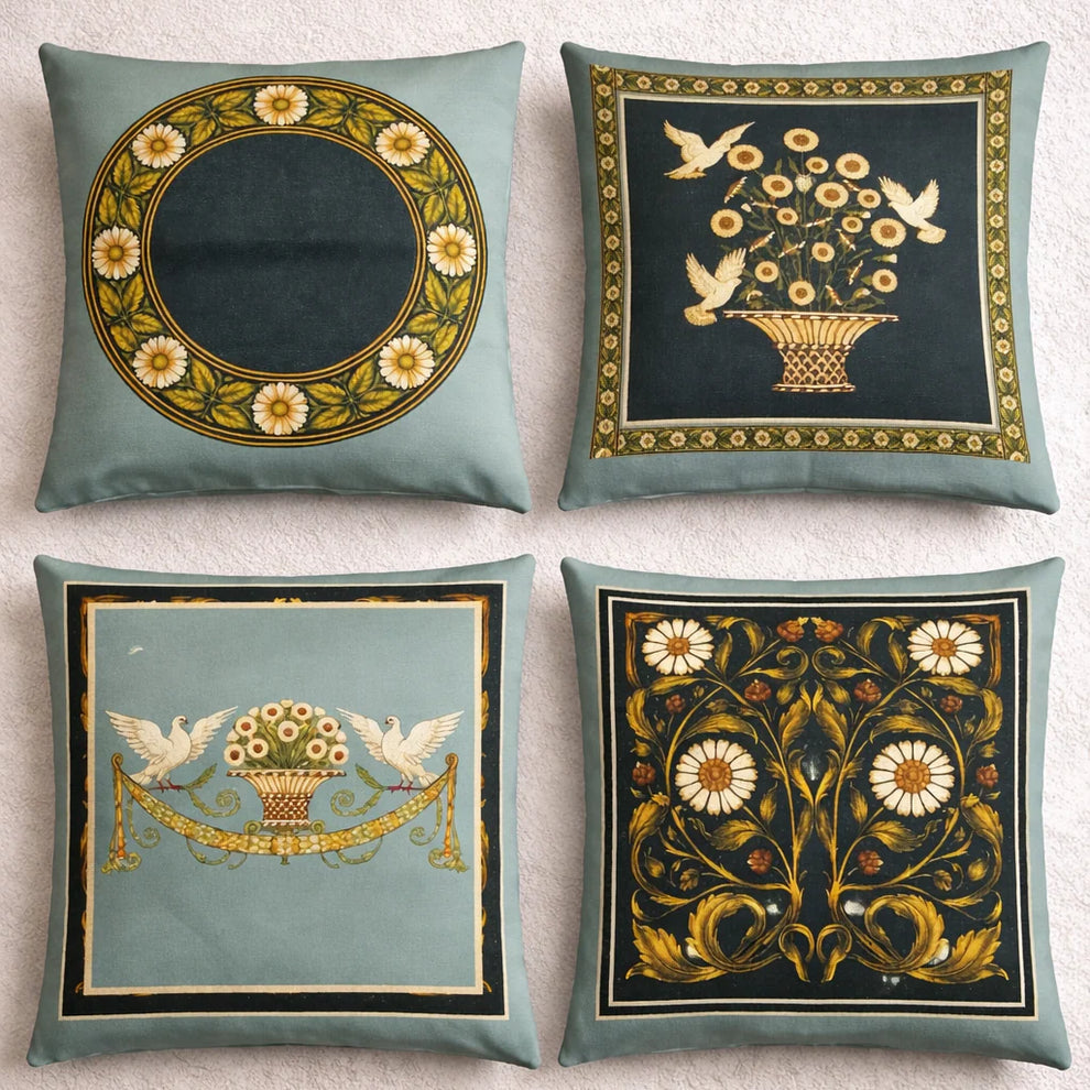 French White Birds and Flowers Cushion Cover Pack of 4